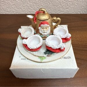 New Tea Set Christmas Miniature Holiday Santa‎ Claus 7 Pc Handpainted Polyresin
